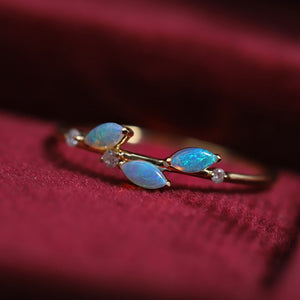 Blue Marquise Opal Leaf CZ Cluster Band Ring