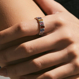 Rainbow Stone Emerald Cut Eternity Band Ring