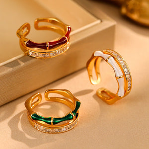 Enamel Bamboo Joint CZ Layered Open Ring