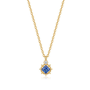 Blue Square CZ Floral Frame Charm Necklace