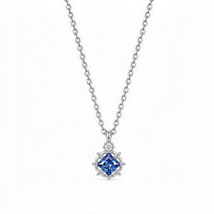 Blue Square CZ Floral Frame Charm Necklace