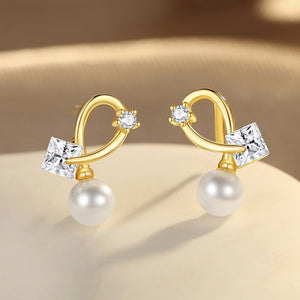 Princess CZ Pearl Curved Loop Stud Earrings