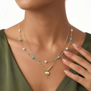 Boho Turquoise Pearl Bead Station Necklace