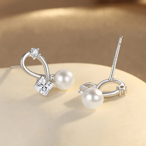 Princess CZ Pearl Curved Loop Stud Earrings