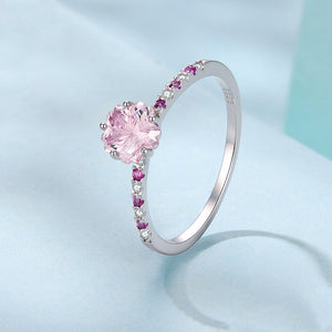 Pink Cherry Blossom Half Pave CZ Band Ring
