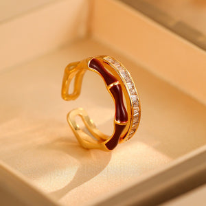 Enamel Bamboo Joint CZ Layered Open Ring
