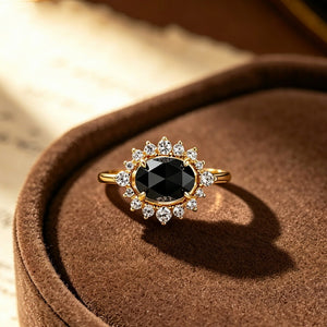 Black Onyx Crystal Halo Adjustable Open Ring