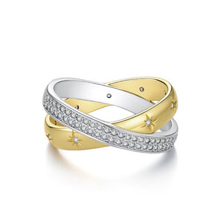 Two-Tone Star Engraved Crisscross Band Ring
