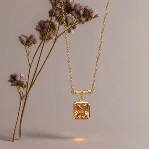 Vintage Square Citrine Bezel Charm Necklace