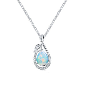 Sparkling Teardrop Opal Leaf Charm Necklace