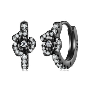 Gothic Black Rose Pave Huggie Hoop Earrings