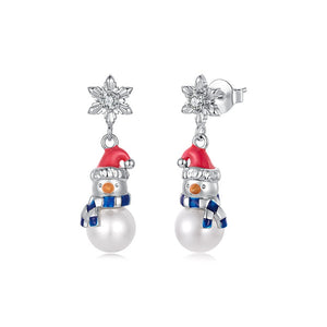 Snowflake Snowman Pearl Drop Stud Earrings