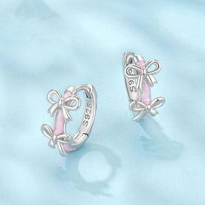 Pink Enamel Dual Bow Huggie Hoop Earrings