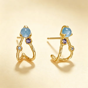 Blue Stone Textured Split Open Hoop Earrings