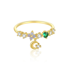 Tiny Moon Dangle Charm CZ Stack Band Ring