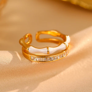 Enamel Bamboo Joint CZ Layered Open Ring