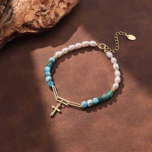 Half Blue Apatite Pearl Cross Charm Bracelet