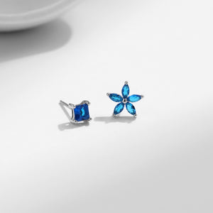 Mismatch Flower Square Blue CZ Stud Earrings