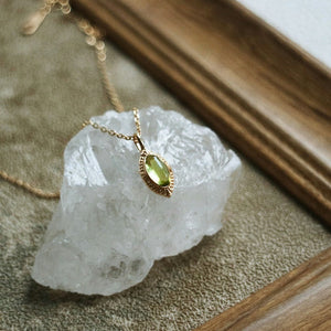 Green Oval Peridot Engraved Charm Necklace