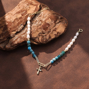 Half Blue Apatite Pearl Cross Charm Bracelet