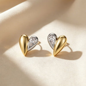 Two-Tone Asymmetric Heart CZ Stud Earrings