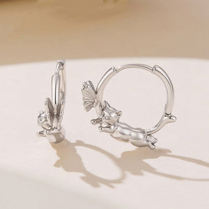 Pet Cat Chasing Butterfly Huggie Hoop Earrings