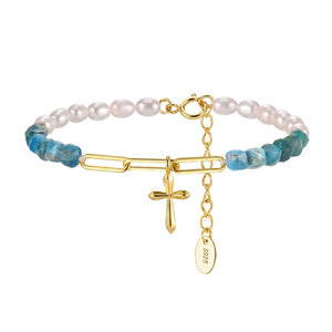 Half Blue Apatite Pearl Cross Charm Bracelet