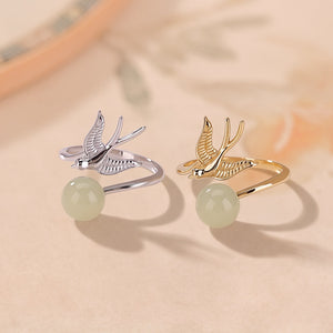 Swallow Bird Jade Bead Adjustable Open Ring