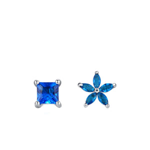 Mismatch Flower Square Blue CZ Stud Earrings
