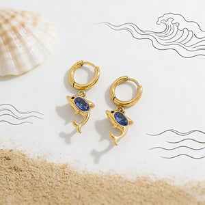 Ocean Dolphin Blue Stone Drop Hoop Earrings