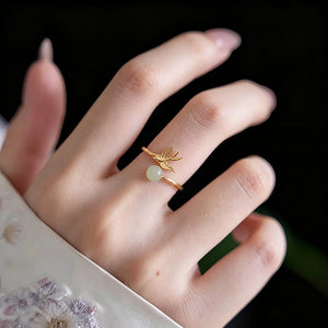 Swallow Bird Jade Bead Adjustable Open Ring