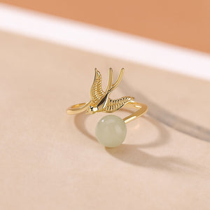 Swallow Bird Jade Bead Adjustable Open Ring
