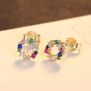 Dainty Rainbow CZ Hollow Circle Stud Earrings