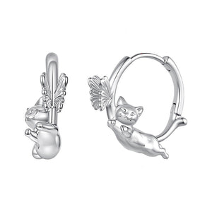 Pet Cat Chasing Butterfly Huggie Hoop Earrings
