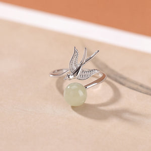 Swallow Bird Jade Bead Adjustable Open Ring