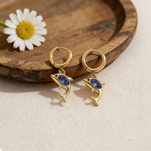 Ocean Dolphin Blue Stone Drop Hoop Earrings