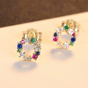 Dainty Rainbow CZ Hollow Circle Stud Earrings
