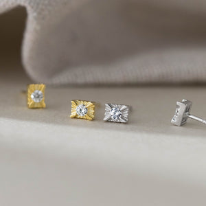 Carved Sunburst Rectangular CZ Stud Earrings