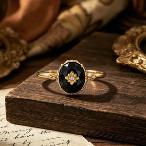 Dainty Royal Oval Black Onyx Floral Open Ring