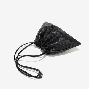 Woven Leather Drawstring Shoulder Handbag
