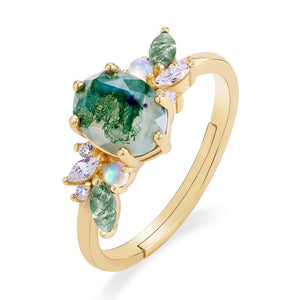 Oval Moss Agate Cluster Adjustable Open Ring
