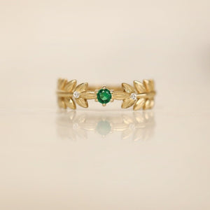 Green CZ Textured Olive Leaf Twig Band Ring