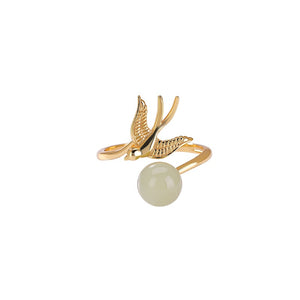 Swallow Bird Jade Bead Adjustable Open Ring