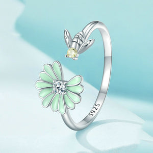 Green Enamel Daisy Bee CZ Bypass Open Ring