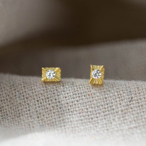 Carved Sunburst Rectangular CZ Stud Earrings
