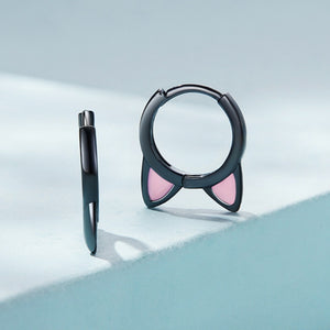Cute Black Pink Enamel Cat Ear Hoop Earrings