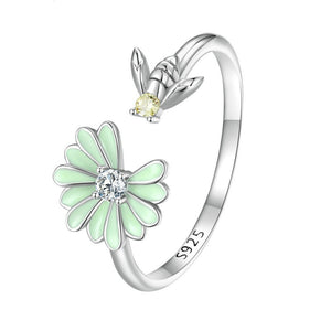 Green Enamel Daisy Bee CZ Bypass Open Ring