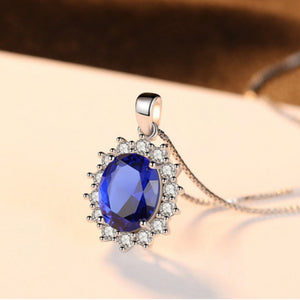 Royal Sapphire Blue Oval Halo Charm Necklace