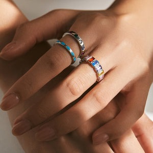 Rainbow CZ Heart Flush Set Eternity Band Ring