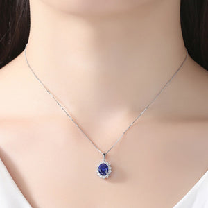 Royal Sapphire Blue Oval Halo Charm Necklace